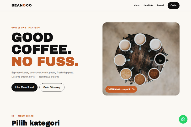 Template Website Cafe Coffee Bar - Bean & Co