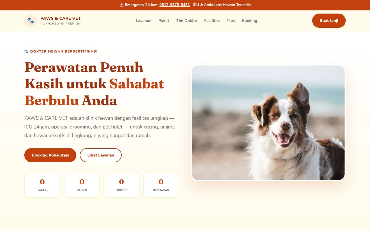 Template Website Klinik Hewan (Veterinary) - PAWS & CARE VET