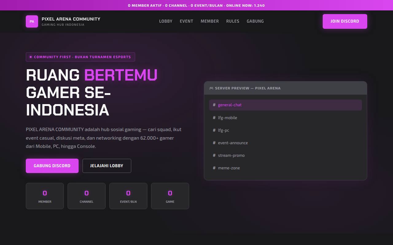 Template Website Komunitas Gaming - PIXEL ARENA COMMUNITY