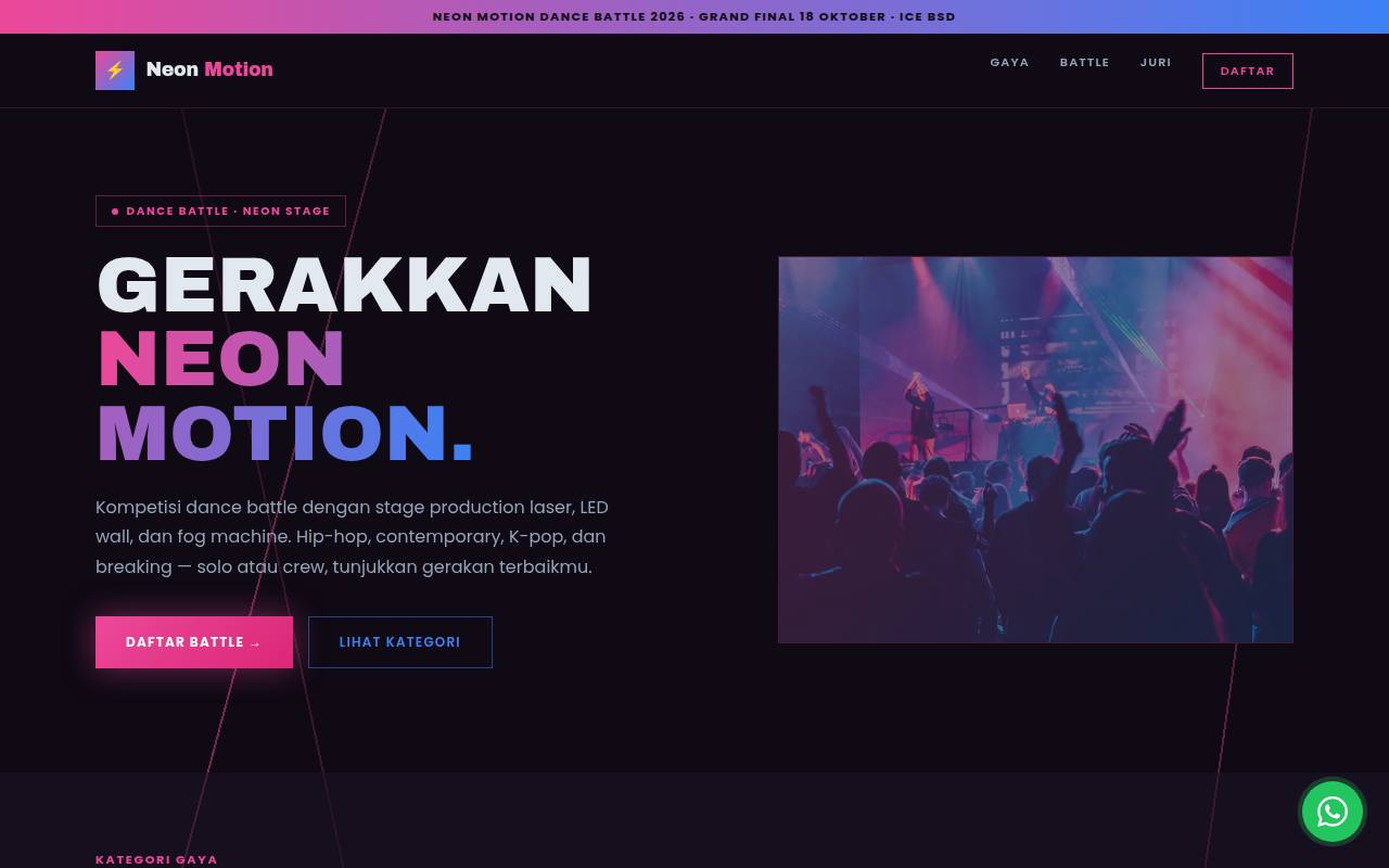 Template Website Lomba Dance Modern - Neon Motion Dance Battle