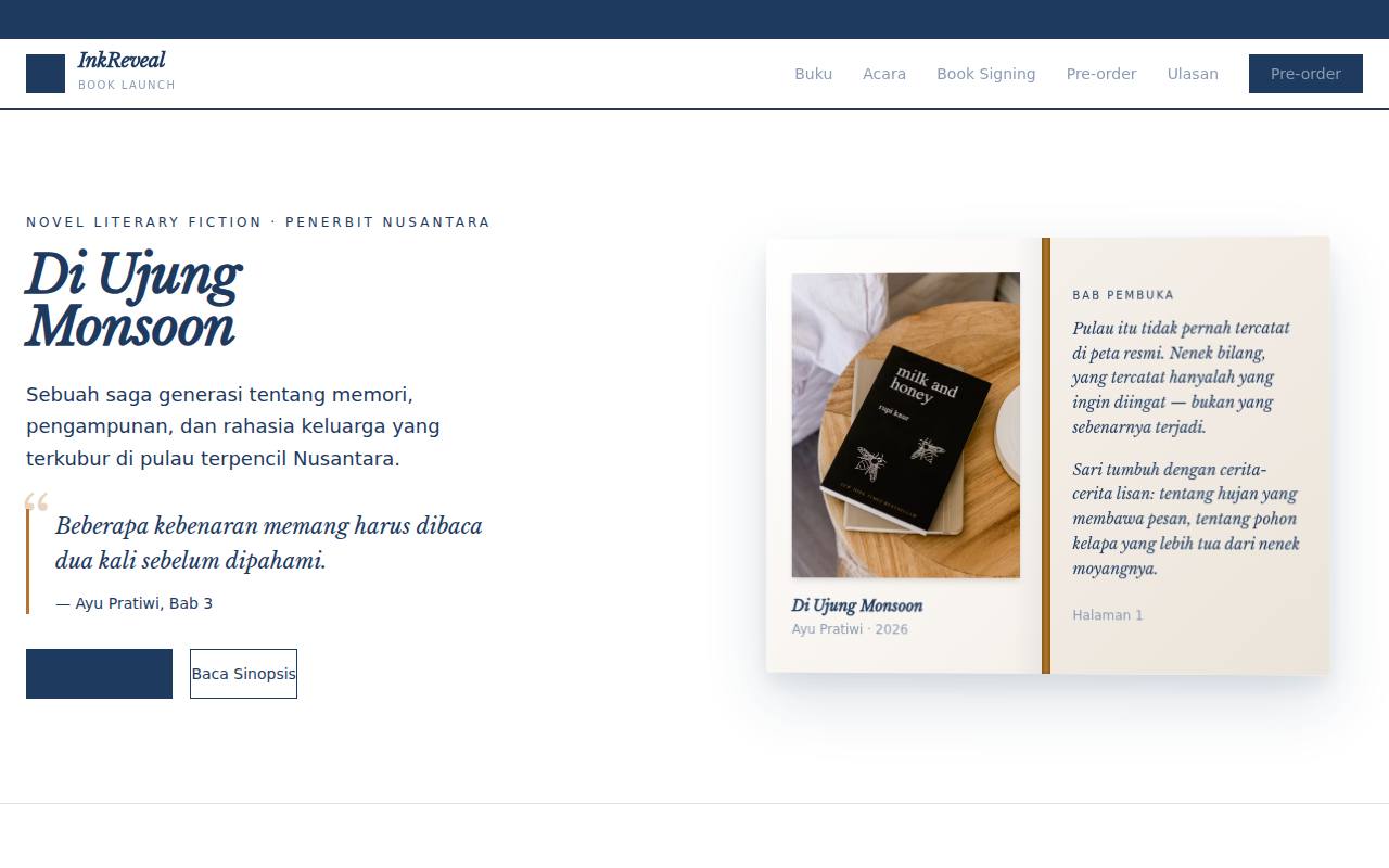 Template Website Peluncuran Buku - InkReveal Book Launch