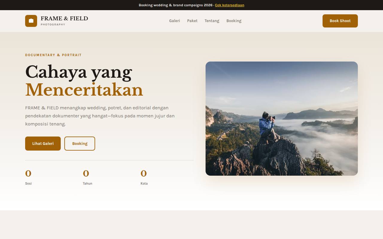 Template Website Portfolio Fotografer - FRAME & FIELD